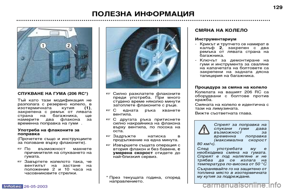 Peugeot 206 SW 2003  Ръководство за експлоатация (in Bulgarian) 26-05-2003
ПОЛЕЗНА ИНФОРМАЦИЯ129
СМЯНА НА КОЛЕЛО 
Инструментариум - Крикът и трупчето се намират в калъф  2,  закрепе