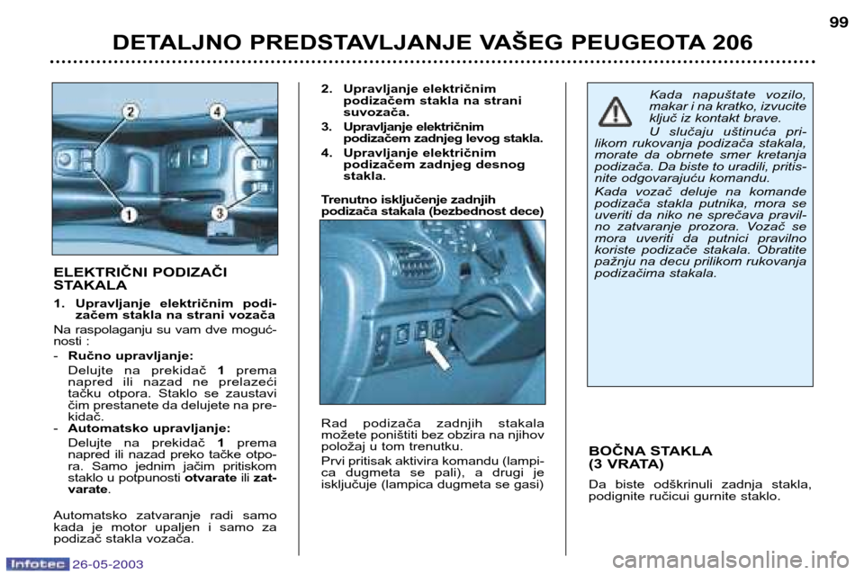 Peugeot 206 SW 2003 Упутство за употребу (in Serbian) 26-05-2003
DETALJNO PREDSTAVLJANJE VAŠEG PEUGEOTA 20699
BOČNA STAKLA
(3 VRATA)
Da biste odškrinuli zadnja stakla,
podignite ručicu i gurnite staklo.
ELEKTRIČNI PODIZAČI
STAKALA
1. Uprav Peugeot 206 SW 2003 Упутство за употребу (in Serbian) 26-05-2003
DETALJNO PREDSTAVLJANJE VAŠEG PEUGEOTA 20699
BOČNA STAKLA
(3 VRATA)
Da biste odškrinuli zadnja stakla,
podignite ručicu i gurnite staklo.
ELEKTRIČNI PODIZAČI
STAKALA
1. Uprav