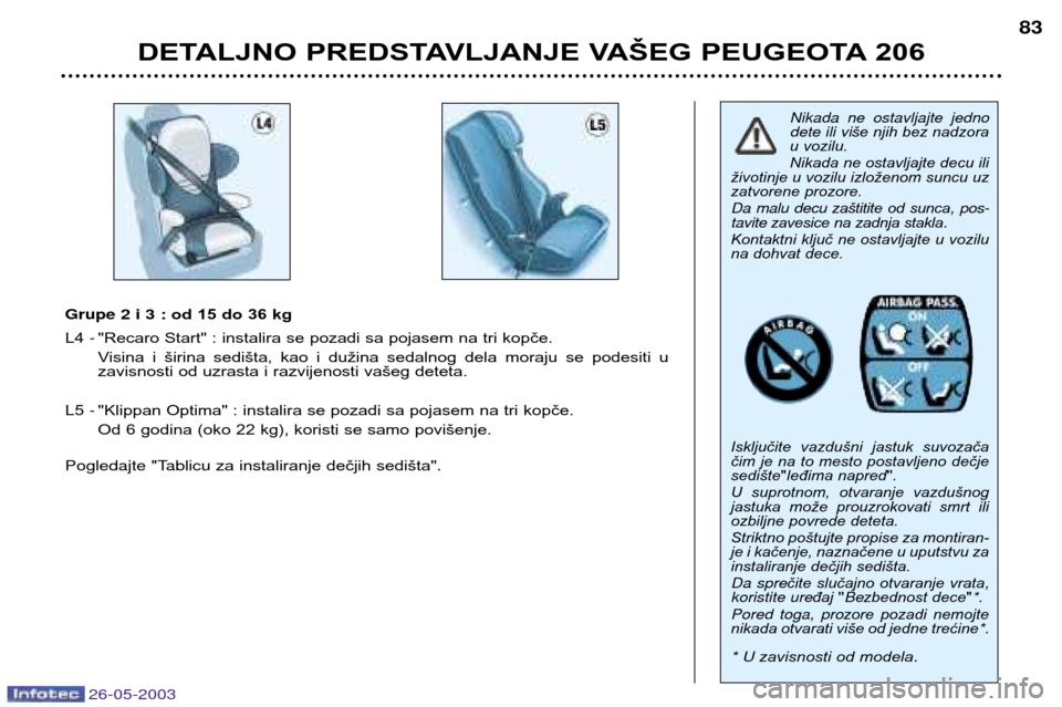 Peugeot 206 SW 2003  Упутство за употребу (in Serbian) 26-05-2003
DETALJNO PREDSTAVLJANJE VAŠEG PEUGEOTA 20683
Nikada ne ostavljajte jedno dete ili vi
še njih bez nadzora
u vozilu. 
Nikada ne ostavljajte decu ili
životinje u vozilu izloženom suncu uz 