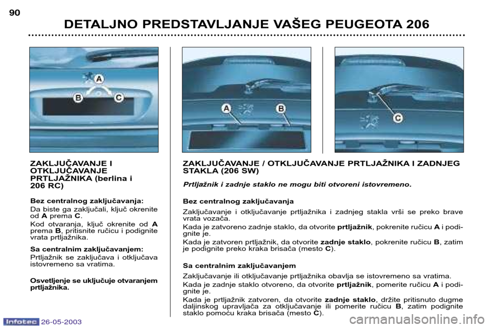Peugeot 206 SW 2003 Упутство за употребу (in Serbian) 26-05-2003
DETALJNO PREDSTAVLJANJE VAŠEG PEUGEOTA 206
90
ZAKLJUČAVANJE I
OTKLJUČAVANJE
PRTLJAŽNIKA (berlina i
206 RC)
Bez centralnog zaključavanja:
Da biste ga zaključali, ključ okrenite o Peugeot 206 SW 2003 Упутство за употребу (in Serbian) 26-05-2003
DETALJNO PREDSTAVLJANJE VAŠEG PEUGEOTA 206
90
ZAKLJUČAVANJE I
OTKLJUČAVANJE
PRTLJAŽNIKA (berlina i
206 RC)
Bez centralnog zaključavanja:
Da biste ga zaključali, ključ okrenite o