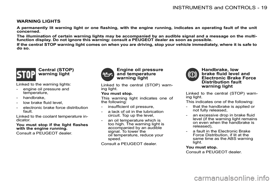 Peugeot 206 SW Dag 2008 User Guide 19
INSTRUMENTS and CONTROLS
-
WARNING LIGHTS
�A�  �p�e�r�m�a�n�e�n�t�l�y�  �l�i�t�  �w�a�r�n�i�n�g�  �l�i�g�h�t�  �o�r�  �o�n�e�  �l�a�s�h�i�n�g�,�  �w�i�t�h�  �t�h�e �  �e�n�g�i�n�e�  �r�u�n�n�i�n�g�
