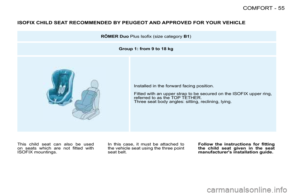 Peugeot 206 SW Dag 2008 Workshop Manual 55
COMFORT
-
ISOFIX CHILD SEAT RECOMMENDED BY PEUGEOT AND APPROVED FOR YOUR VEHICLE
RÖMER Duo �P�l�u�s� �I�s�o�i�x� �(�s�i�z�e� �c�a�t�e�g�o�r�y�  B1)
�G�r�o�u�p� �1�:� �f�r�o�m� �9� �t�o� �1�8� �k�g