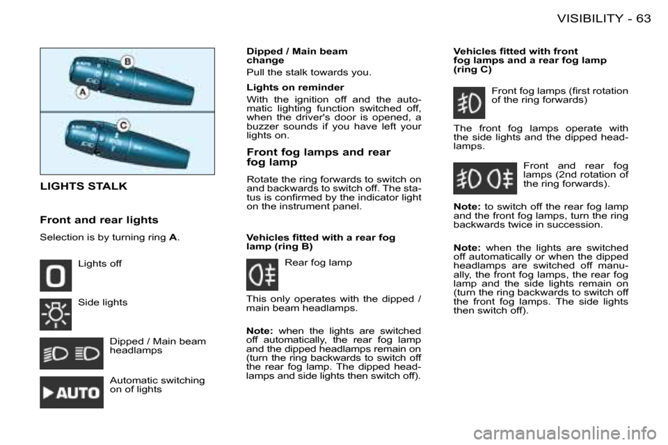 Peugeot 206 SW Dag 2008 Repair Manual 63
VISIBILITY
-
LIGHTS STALK
Dipped / Main beam   
change 
Pull the stalk towards you. �V�e�h�i�c�l�e�s� �i�t�t�e�d� �w�i�t�h� �f�r�o�n�t� 
 
�f�o�g� �l�a�m�p�s� �a�n�d� �a� �r�e�a�r� �f�o�g� �l�a�m�p