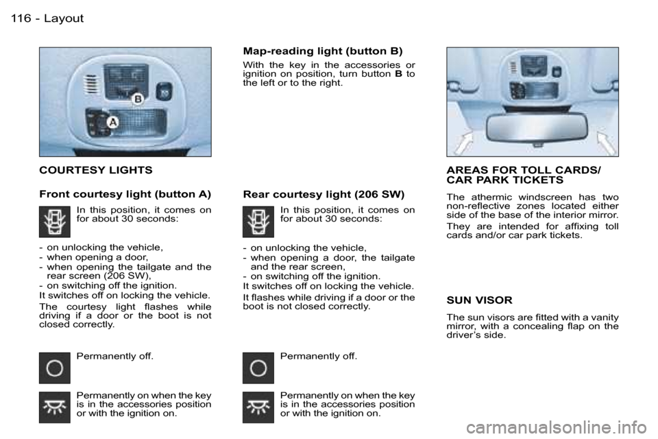 Peugeot 206 SW Dag 2006.5  Owners Manual �L�a�y�o�u�t�1�1�6 �-
�C�O�U�R�T�E�S�Y� �L�I�G�H�T�S
�F�r�o�n�t� �c�o�u�r�t�e�s�y� �l�i�g�h�t� �(�b�u�t�t�o�n� �A�)
�M�a�p�-�r�e�a�d�i�n�g� �l�i�g�h�t� �(�b�u�t�t�o�n� �B�)
�W�i�t�h�  �t�h�e�  �k�e�y�