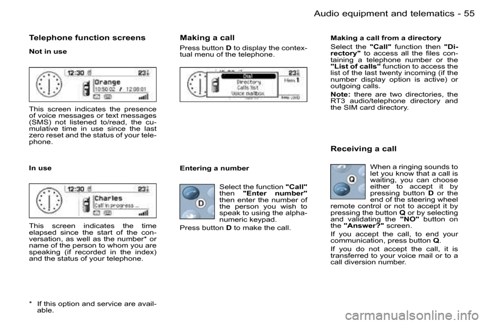 Peugeot 206 SW Dag 2006.5 Workshop Manual �5�5
�-�A�u�d�i�o� �e�q�u�i�p�m�e�n�t� �a�n�d� �t�e�l�e�m�a�t�i�c�s
�T�e�l�e�p�h�o�n�e� �f�u�n�c�t�i�o�n� �s�c�r�e�e�n�s
�N�o�t� �i�n� �u�s�e
�T�h�i�s�  �s�c�r�e�e�n�  �i�n�d�i�c�a�t�e�s�  �t�h�e�  �p