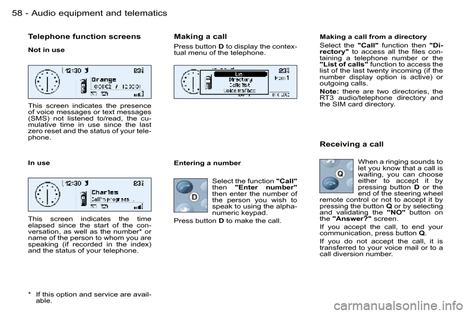 Peugeot 206 SW Dag 2006 Workshop Manual �5�8 �-�A�u�d�i�o� �e�q�u�i�p�m�e�n�t� �a�n�d� �t�e�l�e�m�a�t�i�c�s
�T�e�l�e�p�h�o�n�e� �f�u�n�c�t�i�o�n� �s�c�r�e�e�n�s
�N�o�t� �i�n� �u�s�e 
�T�h�i�s�  �s�c�r�e�e�n�  �i�n�d�i�c�a�t�e�s�  �t�h�e�  �