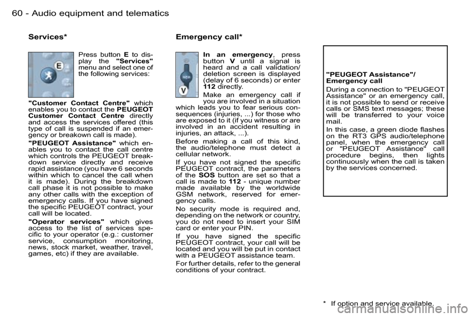 Peugeot 206 SW Dag 2006 Workshop Manual �6�0 �-�A�u�d�i�o� �e�q�u�i�p�m�e�n�t� �a�n�d� �t�e�l�e�m�a�t�i�c�s
�S�e�r�v�i�c�e�s�*
�P�r�e�s�s�  �b�u�t�t�o�n� �E�  �t�o�  �d�i�s�-
�p�l�a�y�  �t�h�e�  �"�S�e�r�v�i�c�e�s�"� 
�m�e�n�u� �a�n�d� �s�e