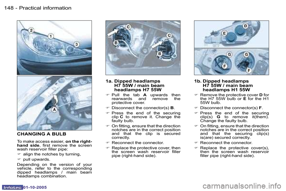 Peugeot 206 SW Dag 2005.5  Owners Manual �P�r�a�c�t�i�c�a�l� �i�n�f�o�r�m�a�t�i�o�n�1�4�8 �-
�0�1�-�1�0�-�2�0�0�5
�1�4�9�P�r�a�c�t�i�c�a�l� �i�n�f�o�r�m�a�t�i�o�n�-
�0�1�-�1�0�-�2�0�0�5
�1�a�.� �D�i�p�p�e�d� �h�e�a�d�l�a�m�p�s� �H�7� �5�5�W�