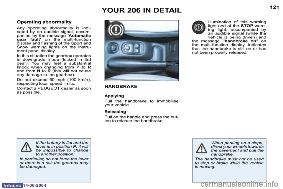 Peugeot 206 SW Dag 2004  Owners Manual �1�2�0
�1�4�-�0�6�-�2�0�0�4
�1�2�1
�1�4�-�0�6�-�2�0�0�4
�Y�O�U�R� �2�0�6� �I�N� �D�E�T�A�I�L�H�A�N�D�B�R�A�K�E
�A�p�p�l�y�i�n�g 
�P�u�l�l�  �t�h�e�  �h�a�n�d�b�r�a�k�e�  �t�o�  �i�m�m�o�b�i�l�i�s�e�  