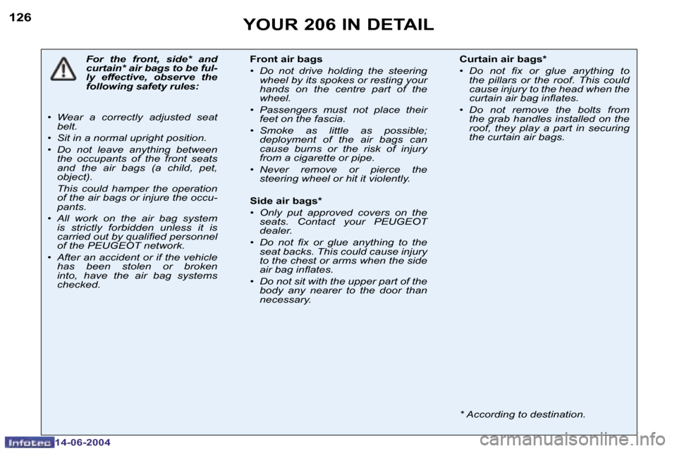 Peugeot 206 SW Dag 2004  Owners Manual �1�2�6
�1�4�-�0�6�-�2�0�0�4
�Y�O�U�R� �2�0�6� �I�N� �D�E�T�A�I�L
�F�o�r�  �t�h�e�  �f�r�o�n�t�,�  �s�i�d�e�*�  �a�n�d�  
�c�u�r�t�a�i�n�*� �a�i�r� �b�a�g�s� �t�o� �b�e� �f�u�l�-
�l�y�  �e�f�f�e�c�t�i�