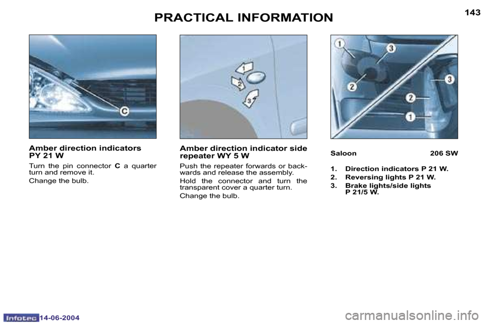 Peugeot 206 SW Dag 2004  Owners Manual �1�4�2
�1�4�-�0�6�-�2�0�0�4
�1�4�3
�1�4�-�0�6�-�2�0�0�4
�P�R�A�C�T�I�C�A�L� �I�N�F�O�R�M�A�T�I�O�N
�A�m�b�e�r� �d�i�r�e�c�t�i�o�n� �i�n�d�i�c�a�t�o�r�s�  
�P�Y� �2�1� �W
�T�u�r�n�  �t�h�e�  �p�i�n�  �