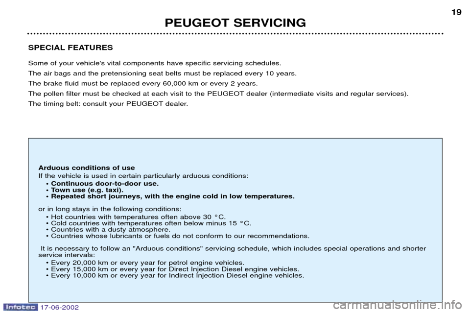 Peugeot 206 SW Dag 2002 User Guide SPECIAL FEATURES Some of your vehicles vital components have specific servicing schedules. The air bags and the pretensioning seat belts must be replaced every 10 years.The brake fluid must be replac