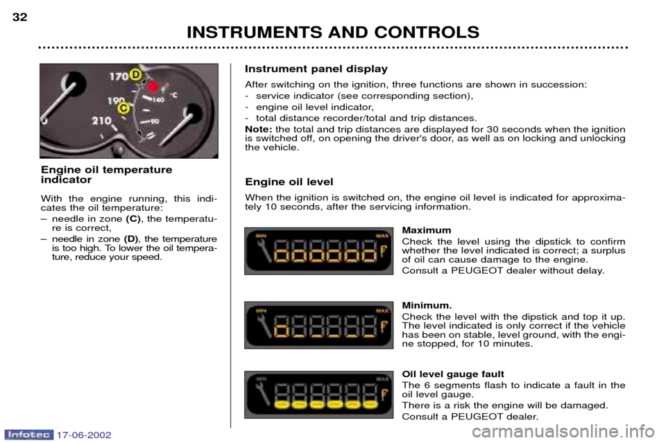 Peugeot 206 SW Dag 2002 Owners Guide INSTRUMENTS AND CONTROLS
32
Instrument panel display After switching on the ignition, three functions are shown in succession: 
- service indicator (see corresponding section),
- engine oil level indi