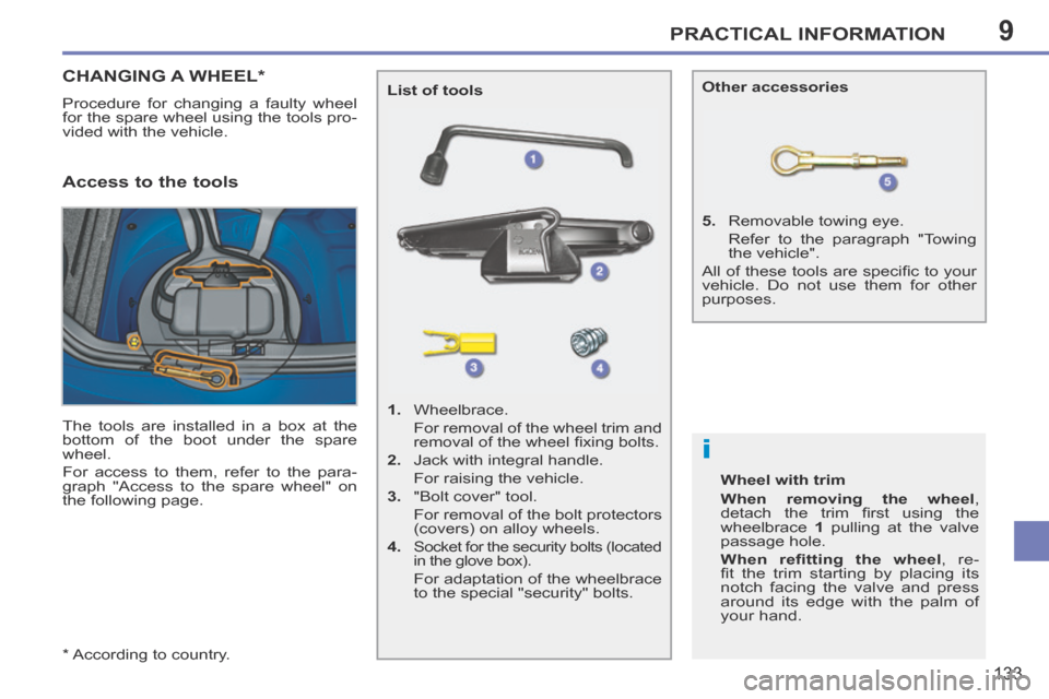 Peugeot 207 CC 2014 Owners Manual 9
i
PRACTICAL INFORMATION
133
207CC_EN_CHAP09_INFO PRATIQUES_ED01-2014
* According to country.
CHANGING A WHEEL *
Procedure for changing a faulty wheel
for the spare wheel using the too Peugeot 207 CC 2014 Owners Manual 9
i
PRACTICAL INFORMATION
133
207CC_EN_CHAP09_INFO PRATIQUES_ED01-2014
* According to country.
CHANGING A WHEEL *
Procedure for changing a faulty wheel
for the spare wheel using the too