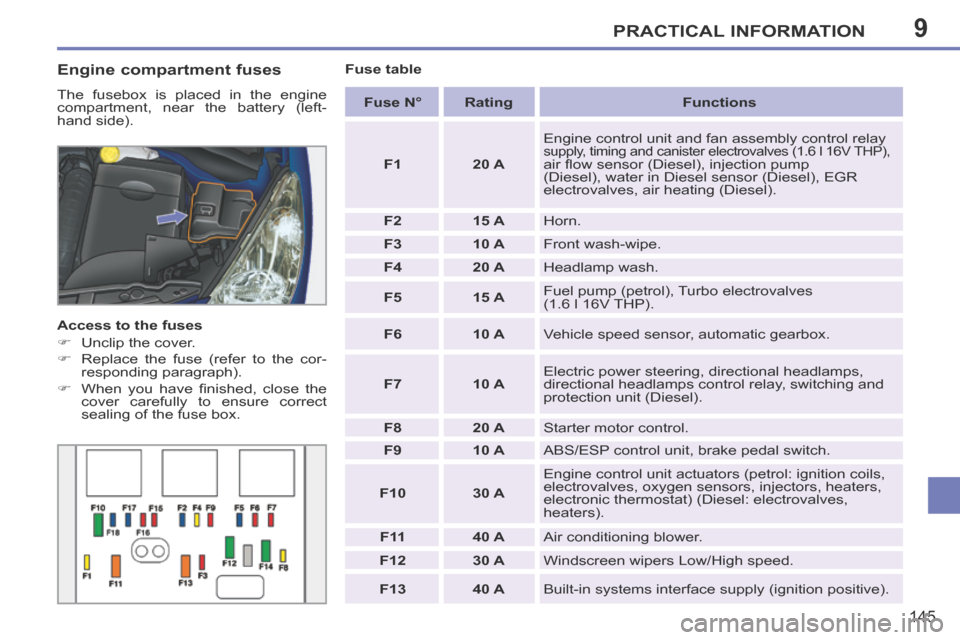 Peugeot 207 CC 2014  Owners Manual 9PRACTICAL INFORMATION
145
207CC_EN_CHAP09_INFO PRATIQUES_ED01-2014
  Engine  compartment  fuses 
 The fusebox is placed in the engine 
compartment, near the battery (left-
hand side). 
  Access to th