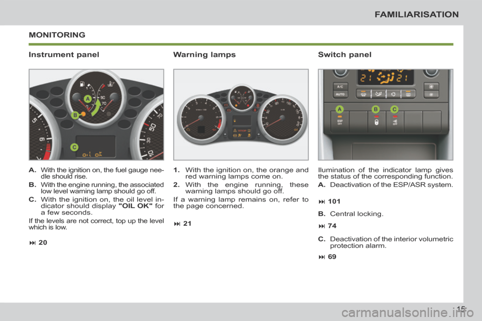 Peugeot 207 CC 2014  Owners Manual 15
FAMILIARISATION
207CC_EN_CHAP00B_PRISE EN MAIN_ED01-2014
 MONITORING 
  Instrument  panel   Switch  panel 
  A.  With the ignition on, the fuel gauge nee-
dle should rise. 
  B.    With the engine 