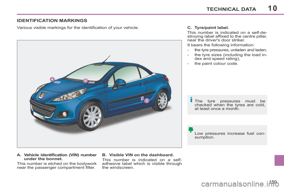 Peugeot 207 CC 2014  Owners Manual 10
i
TECHNICAL DATA
159
207CC_EN_CHAP10_CARACTERISTIQUES_ED01-2014
IDENTIFICATION  MARKINGS  
  Low pressures increase fuel con-
sumption.      The tyre pressures must be 
checked when the tyres are c