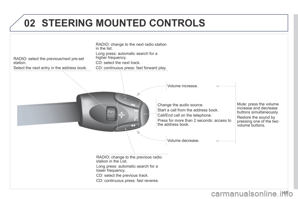 Peugeot 207 CC 2014 Owners Manual 165
02
207CC_EN_CHAP11B_RNEG_ED01-2014
STEERING MOUNTED CONTROLS
RADIO: select the previous/next pre-set station.
Select the next entry in the address book.
RADIO: change to the next radio Peugeot 207 CC 2014 Owners Manual 165
02
207CC_EN_CHAP11B_RNEG_ED01-2014
STEERING MOUNTED CONTROLS
RADIO: select the previous/next pre-set station.
Select the next entry in the address book.
RADIO: change to the next radio