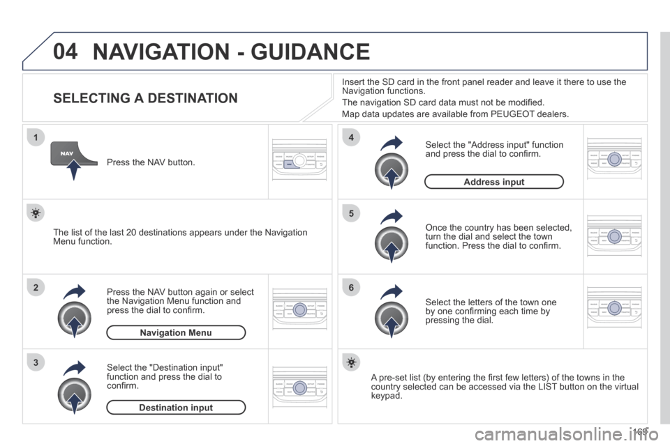 Peugeot 207 CC 2014  Owners Manual 169
04
1
2
3
5
6
4
207CC_EN_CHAP11B_RNEG_ED01-2014
 NAVIGATION - GUIDANCE 
                SELECTING A DESTINATION 
  Press the NAV button again or select the Navigation Menu function and press the di