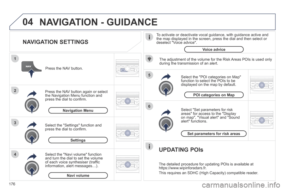 Peugeot 207 CC 2014  Owners Manual 176
04
5
6
3 2 1
4
207CC_EN_CHAP11B_RNEG_ED01-2014
  NAVIGATION  SETTINGS 
  Select "Set parameters for risk areas" for access to the "Display on map", "Visual alert" and "Sound alert" functions. 
  S