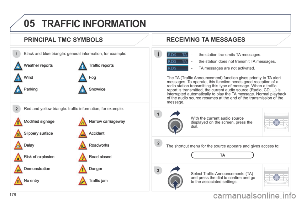 Peugeot 207 CC 2014  Owners Manual 178
05
2 1
3
2
1
207CC_EN_CHAP11B_RNEG_ED01-2014
        PRINCIPAL TMC SYMBOLS 
  With the current audio source displayed on the screen, press the dial.  
  The shortcut menu for the source appears an