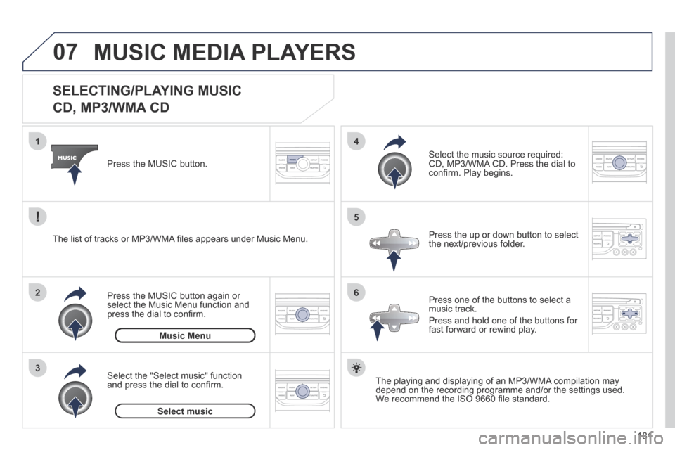 Peugeot 207 CC 2014 Owners Manual 181
07
3 2 1
6
4
5
207CC_EN_CHAP11B_RNEG_ED01-2014
SELECTING/PLAYING MUSIC
CD, MP3/WMA CD
The playing and displaying of an MP3/WMA compilation may depend on the recording programme Peugeot 207 CC 2014 Owners Manual 181
07
3 2 1
6
4
5
207CC_EN_CHAP11B_RNEG_ED01-2014
SELECTING/PLAYING MUSIC
CD, MP3/WMA CD
The playing and displaying of an MP3/WMA compilation may depend on the recording programme