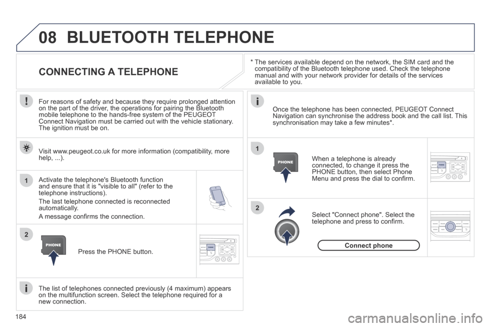 Peugeot 207 CC 2014  Owners Manual 184
08
1
2
2
1
207CC_EN_CHAP11B_RNEG_ED01-2014
  *    The services available depend on the network, the SIM card and the compatibility of the Bluetooth telephone used. Check the telephone manual and w