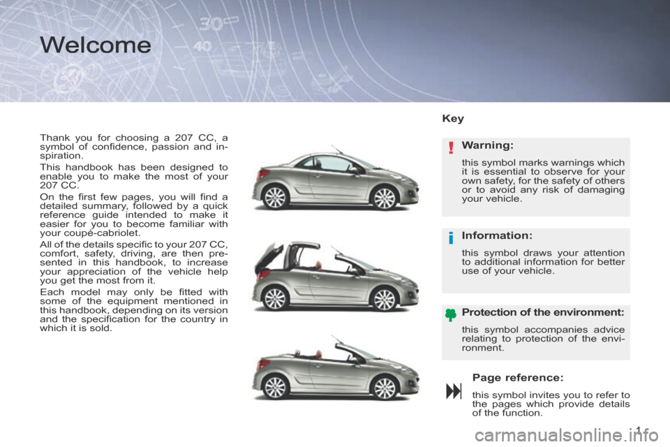 Peugeot 207 CC 2014 Owners Manual !
i
1
207CC_EN_CHAP00A_SOMMAIRE_ED01-2014
Thank you for choosing a 207 CC, a
symbol of confi dence, passion and in-
spiration.
This handbook has been designed to
enable you to make the most Peugeot 207 CC 2014 Owners Manual !
i
1
207CC_EN_CHAP00A_SOMMAIRE_ED01-2014
Thank you for choosing a 207 CC, a
symbol of confi dence, passion and in-
spiration.
This handbook has been designed to
enable you to make the most