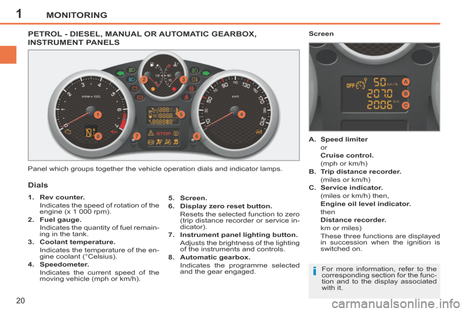 Peugeot 207 CC 2014 Owners Guide 1
i
MONITORING
20
207CC_EN_CHAP01_CONTROLE DE MARCHE_ED01-2014
PETROL - DIESEL, MANUAL OR AUTOMATIC GEARBOX, 
INSTRUMENT PANELS 
 Panel which groups together the vehicle operation dials and indicator 