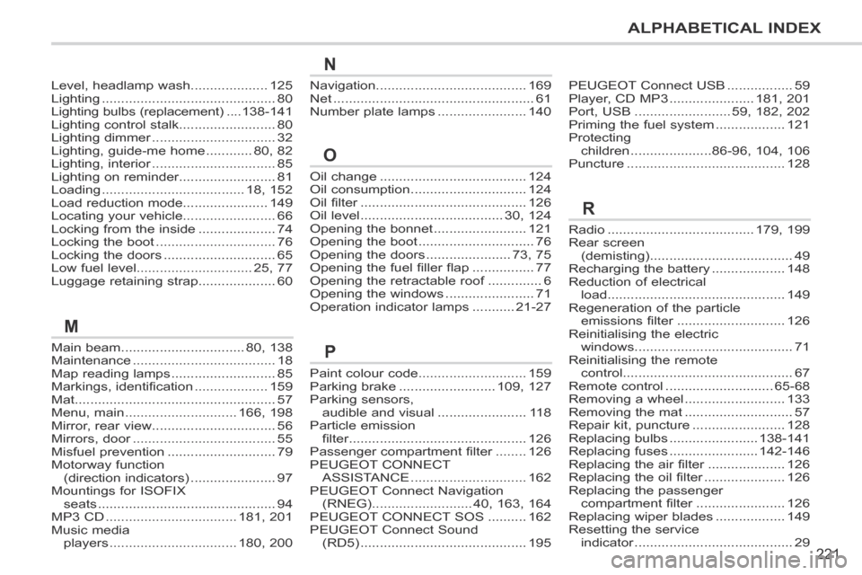 Peugeot 207 CC 2014 User Guide 221
ALPHABETICAL INDEX
207CC_EN_CHAP13_INDEX ALPHA_ED01-2014
Main beam ................................80, 138Maintenance .....................................18Map reading lamps .....................