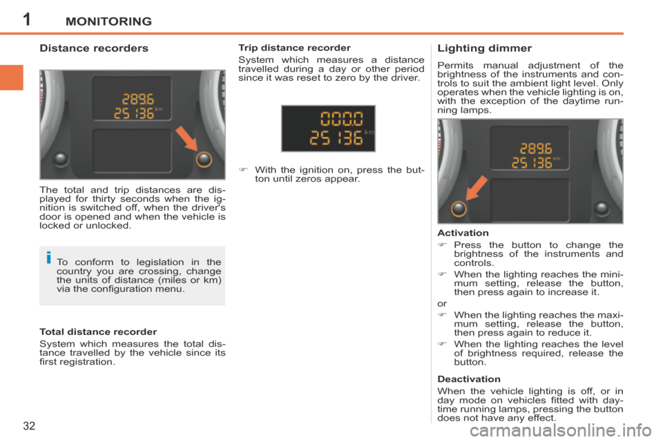 Peugeot 207 CC 2014  Owners Manual 1
i
MONITORING
32
207CC_EN_CHAP01_CONTROLE DE MARCHE_ED01-2014
             Distance recorders           Lighting dimmer 
 Permits manual adjustment of the 
brightness of the instruments and con-
trol