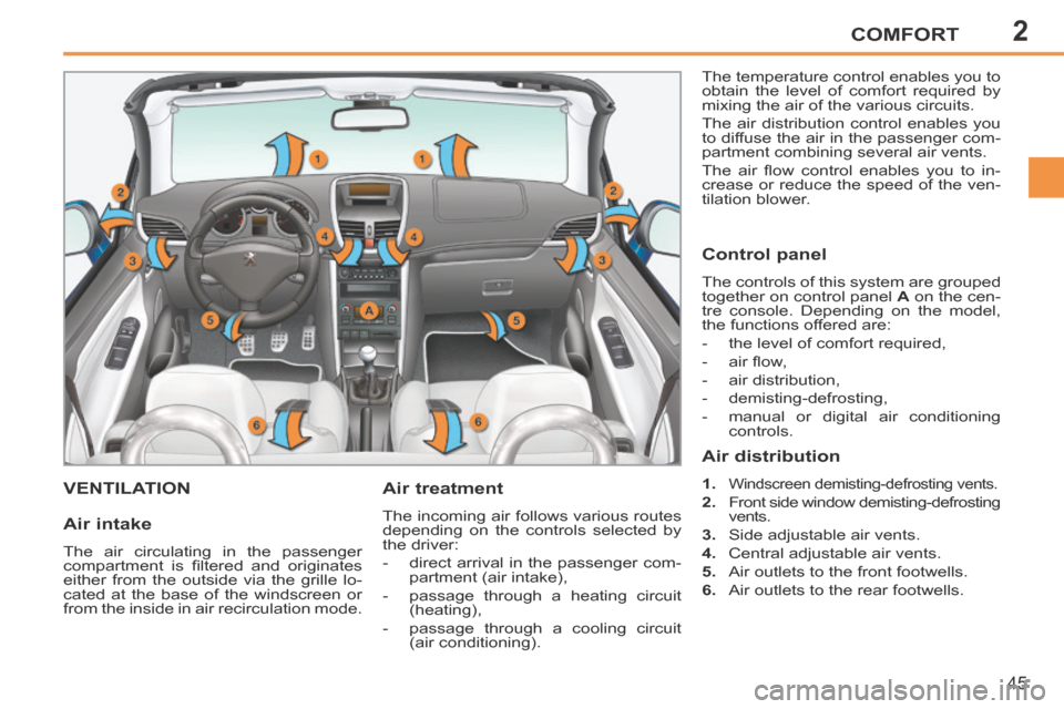 Peugeot 207 CC 2014  Owners Manual 2COMFORT
45
207CC_EN_CHAP02_CONFORT_ED01-2014
VENTILATION   Air  treatment 
 The incoming air follows various routes 
depending on the controls selected by 
the driver: 
   -   direct arrival in the p