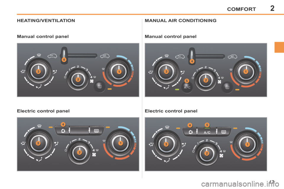 Peugeot 207 CC 2014 Service Manual 2COMFORT
47
207CC_EN_CHAP02_CONFORT_ED01-2014
HEATING/VENTILATION 
  Manual  control  panel  
  Electric  control  panel  
 MANUAL  AIR  CONDITIONING 
  Manual  control  panel  
  Electric  control  p