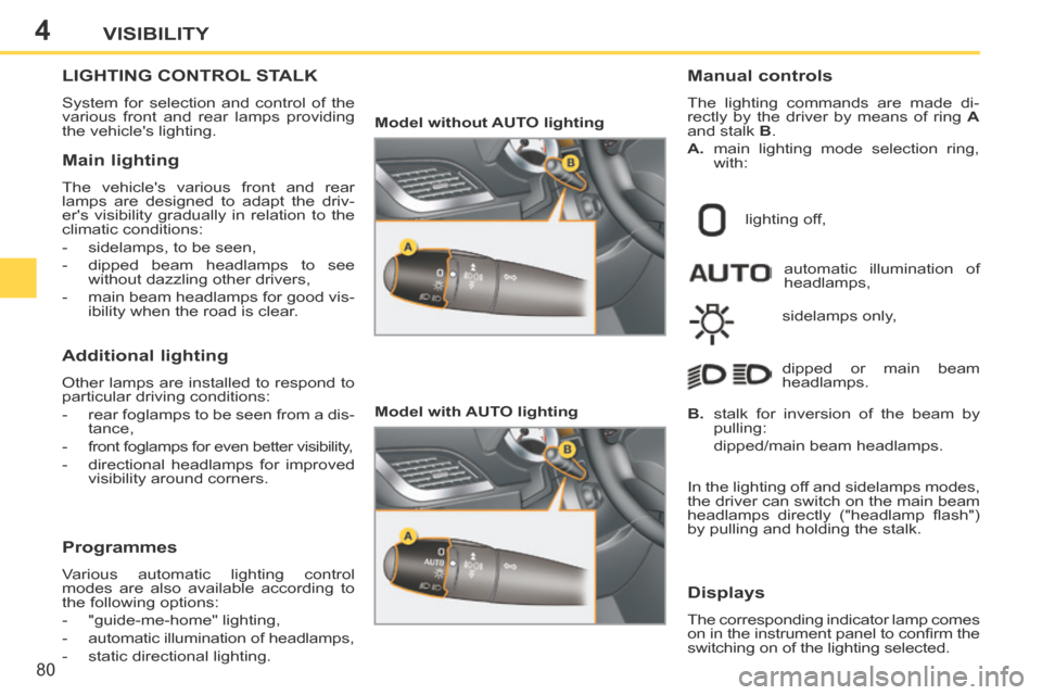 Peugeot 207 CC 2014 User Guide 4
80
VISIBILITY
207CC_EN_CHAP04_VISIBILITE_ED01-2014
LIGHTING CONTROL STALK 
 System for selection and control of the 
various front and rear lamps providing 
the vehicles lighting. 
  Manual  contro