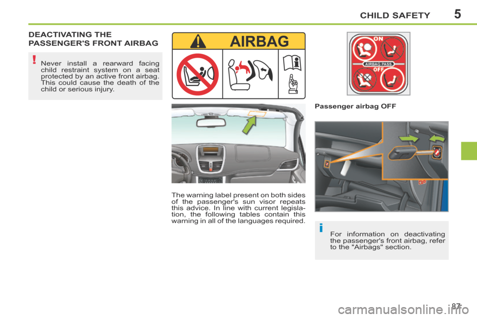 Peugeot 207 CC 2014  Owners Manual 5
i
!
CHILD SAFETY
87
207CC_EN_CHAP05_SECURITE ENFANTS_ED01-2014
 DEACTIVATING  THE 
PASSENGERS  FRONT  AIRBAG  
  The warning label present on both sides 
of the passengers sun visor repeats 
this 