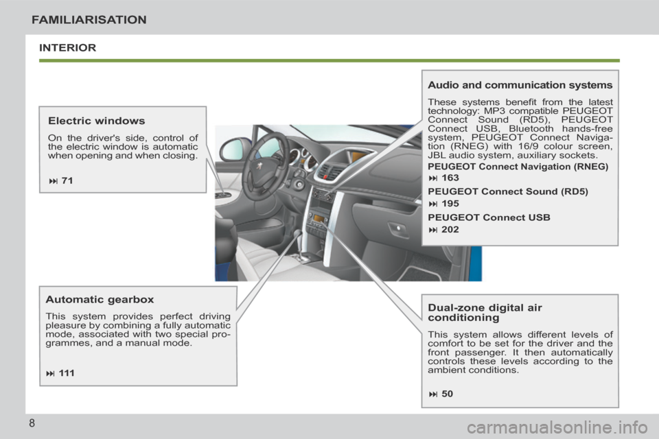 Peugeot 207 CC 2014  Owners Manual 8
FAMILIARISATION
207CC_EN_CHAP00B_PRISE EN MAIN_ED01-2014
 INTERIOR 
  Dual-zone  digital  air 
conditioning 
 This system allows different levels of 
comfort to be set for the driver and the 
front 