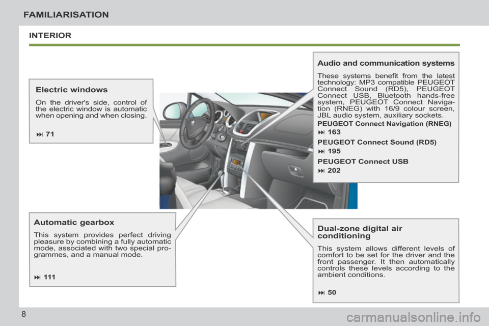 Peugeot 207 CC 2014  Owners Manual 8
FAMILIARISATION
207CC_EN_CHAP00B_PRISE EN MAIN_ED01-2014
 INTERIOR 
  Dual-zone  digital  air 
conditioning 
 This system allows different levels of 
comfort to be set for the driver and the 
front 