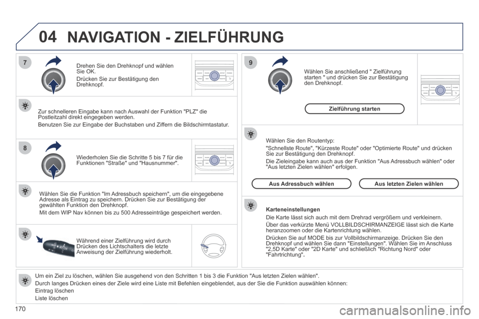 Peugeot 207 CC 2014  Betriebsanleitung (in German) 170
04
7
8
9
207cc_de_Chap11b_RNEG_ed01-2014
  Um ein Ziel zu löschen, wählen Sie ausgehend von den Schritten 1 b\
is 3 die Funktion "Aus letzten Zielen wählen" .   Durch langes Drücken eines der 