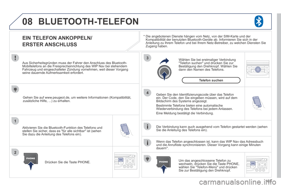 Peugeot 207 CC 2014  Betriebsanleitung (in German) 183
08
1
2
3
4
207cc_de_Chap11b_RNEG_ed01-2014
 BLUETOOTH-TELEFON 
  *    Die angebotenen Dienste hängen vom Netz, von der SIM-Karte und der Kompatibilität der benutzten Bluetooth-Geräte ab. Inform