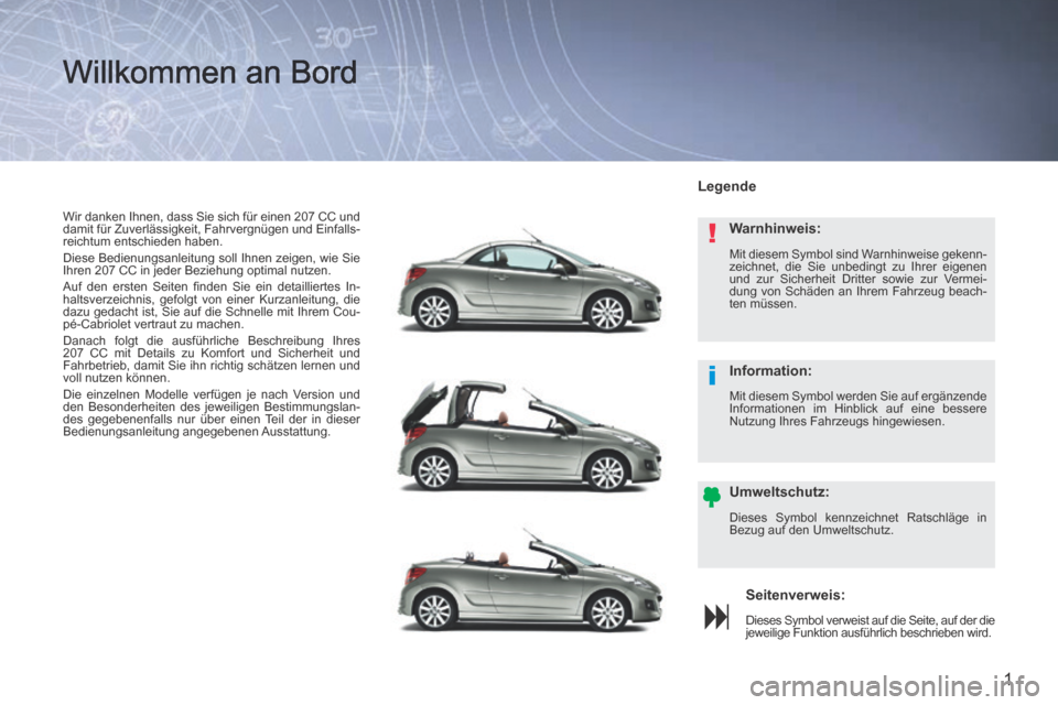 Peugeot 207 CC 2014 Betriebsanleitung (in German) !
i
1
207cc_de_Chap00a_Sommaire_ed01-2014
Wir danken Ihnen, dass Sie sich für einen 207 CC und
damit für Zuverlässigkeit, Fahrvergnügen und Einfalls-
reichtum entschieden haben.
Diese Bedienun Peugeot 207 CC 2014 Betriebsanleitung (in German) !
i
1
207cc_de_Chap00a_Sommaire_ed01-2014
Wir danken Ihnen, dass Sie sich für einen 207 CC und
damit für Zuverlässigkeit, Fahrvergnügen und Einfalls-
reichtum entschieden haben.
Diese Bedienun