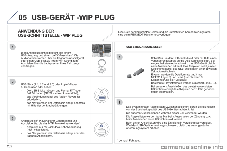 Peugeot 207 CC 2014  Betriebsanleitung (in German) 202
05
1
1
2
3
 USB-GERÄT -WIP PLUG 
  Das System erstellt Abspiellisten (Zwischenspeicher), deren Erstellungszeit von der Speicherkapazität des USB-Gerätes abhängig ist.  Die anderen Quellen kön