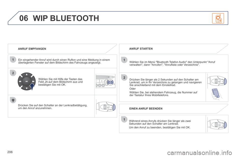 Peugeot 207 CC 2014  Betriebsanleitung (in German) 206
06
1
2
1
2
1
OK
  ANRUF  EMPFANGEN  
  Ein eingehender Anruf wird durch einen Rufton und eine Meldung in einem überlagerten Fenster auf dem Bildschirm des Fahrzeugs angezeigt.  
  Wählen Sie mit