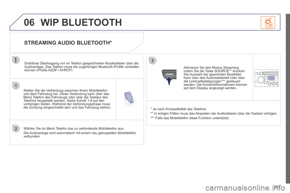 Peugeot 207 CC 2014  Betriebsanleitung (in German) 207
1
2
3
SOURCE
06
  Stellen Sie die Verbindung zwischen Ihrem Mobiltelefon und dem Fahrzeug her. Diese Verbindung kann über das Menü Telefon des Fahrzeugs oder über die Tastatur des Telefons herg