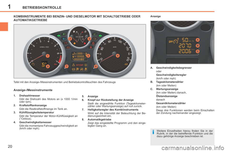 Peugeot 207 CC 2014 Betriebsanleitung (in German) 1
i
BETRIEBSKONTROLLE
20
207cc_de_Chap01_Controle de marche_ed01-2014
KOMBIINSTRUMENTE BEI BENZIN- UND DIESELMOTOR MIT SCHALTGETRIEBE ODER AUTOMATIKGETRIEBE
Tafel mit den Anzeige Peugeot 207 CC 2014 Betriebsanleitung (in German) 1
i
BETRIEBSKONTROLLE
20
207cc_de_Chap01_Controle de marche_ed01-2014
KOMBIINSTRUMENTE BEI BENZIN- UND DIESELMOTOR MIT SCHALTGETRIEBE ODER AUTOMATIKGETRIEBE
Tafel mit den Anzeige