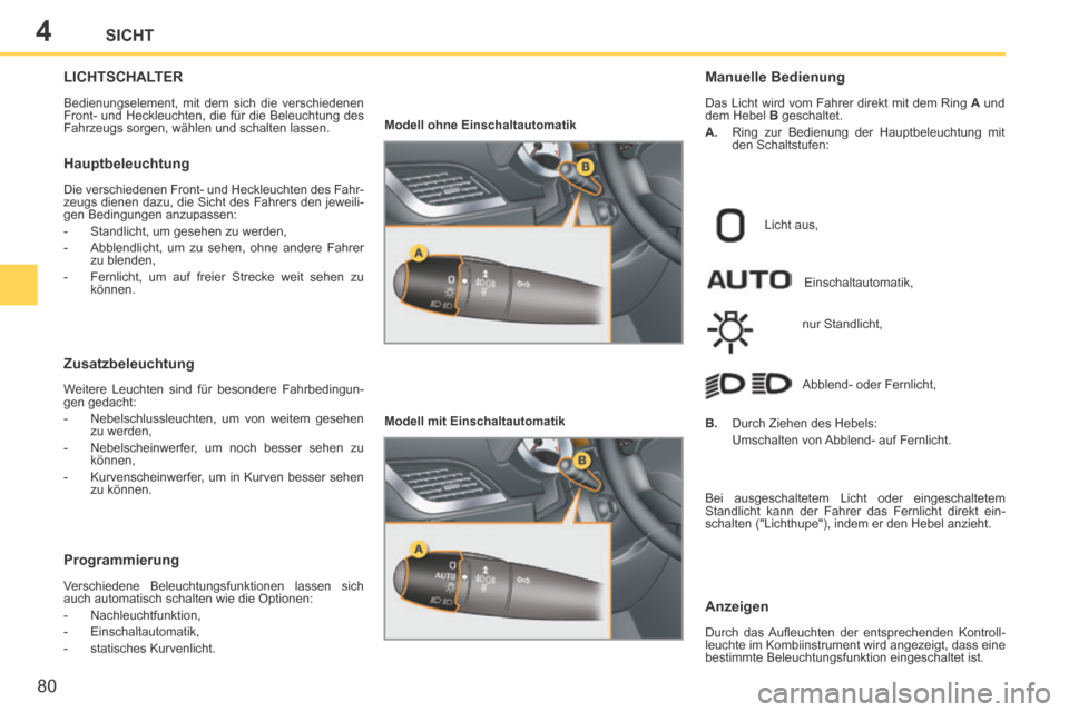 Peugeot 207 CC 2014  Betriebsanleitung (in German) 4
80
SICHT
207cc_de_Chap04_Visibilite_ed01-2014
                           LICHTSCHALTER 
 Bedienungselement, mit dem sich die verschiedenen 
Front- und Heckleuchten, die für die Beleuchtung des 
Fah