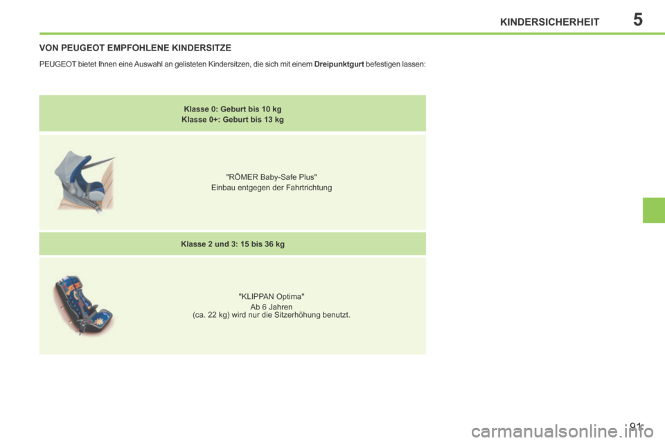 Peugeot 207 CC 2014  Betriebsanleitung (in German) 5KINDERSICHERHEIT
91
207cc_de_Chap05_Securite enfants_ed01-2014
 VON PEUGEOT EMPFOHLENE KINDERSITZE 
 PEUGEOT bietet Ihnen eine Auswahl an gelisteten Kindersitzen, die sich mit einem  Dreipunktgurt  b