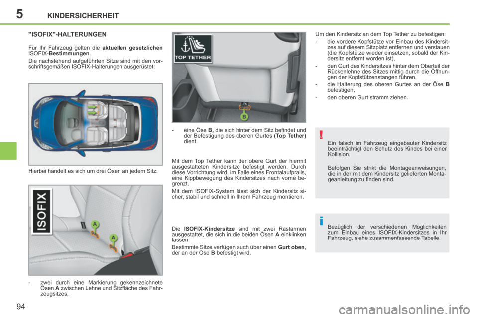 Peugeot 207 CC 2014  Betriebsanleitung (in German) 5
!
i
KINDERSICHERHEIT
94
207cc_de_Chap05_Securite enfants_ed01-2014
  Ein falsch im Fahrzeug eingebauter Kindersitz 
beeinträchtigt den Schutz des Kindes bei einer 
Kollision.  
  Bezüglich der ver