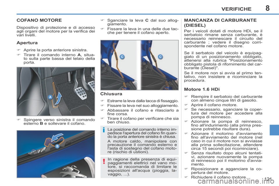 Peugeot 207 CC 2014 Manuale del proprietario (in Italian) 8
i
!
VERIFICHE
121
207cc_it_Chap08_Verifi cations_ed01-2014
COFANO MOTORE
Dispositivo di protezione e di accesso
agli organi del motore per la verifi ca dei
vari livelli.
Spingere vers Peugeot 207 CC 2014 Manuale del proprietario (in Italian) 8
i
!
VERIFICHE
121
207cc_it_Chap08_Verifi cations_ed01-2014
COFANO MOTORE
Dispositivo di protezione e di accesso
agli organi del motore per la verifi ca dei
vari livelli.
Spingere vers