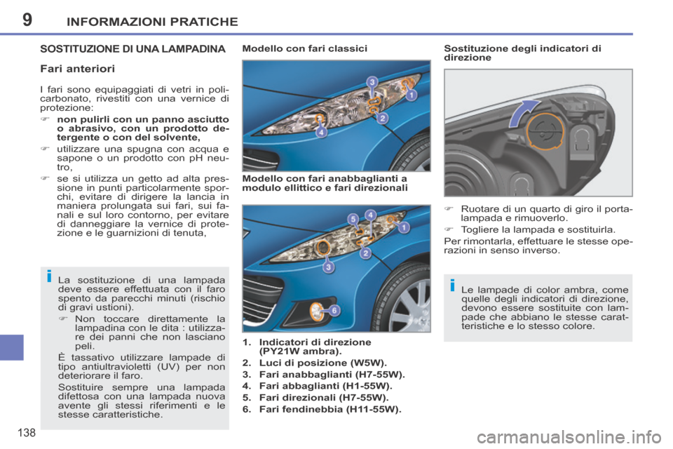 Peugeot 207 CC 2014  Manuale del proprietario (in Italian) 9
ii
INFORMAZIONI PRATICHE
138
207cc_it_Chap09_Info pratiques_ed01-2014
SOSTITUZIONE DI UNA LAMPADINA 
   1.    Indicatori di direzione (PY21W ambra).  
  2.    Luci di posizione (W5W).  
  3.    Fari