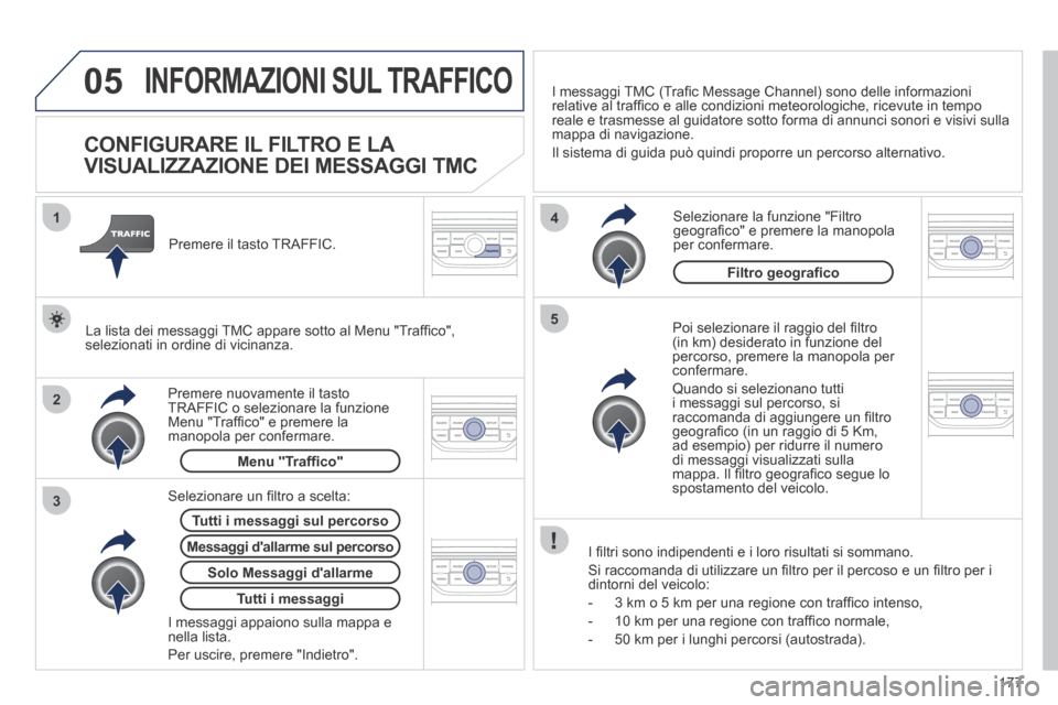 Peugeot 207 CC 2014 Manuale del proprietario (in Italian) 177
05
2 1
3
4
5
207cc_it_Chap11b_RNEG_ed01-2014
INFORMAZIONI SUL TRAFFICO
CONFIGURARE IL FILTRO E LA
VISUALIZZAZIONE DEI MESSAGGI TMC
Poi selezionare il raggio del fi ltro (in km) de Peugeot 207 CC 2014 Manuale del proprietario (in Italian) 177
05
2 1
3
4
5
207cc_it_Chap11b_RNEG_ed01-2014
INFORMAZIONI SUL TRAFFICO
CONFIGURARE IL FILTRO E LA
VISUALIZZAZIONE DEI MESSAGGI TMC
Poi selezionare il raggio del fi ltro (in km) de